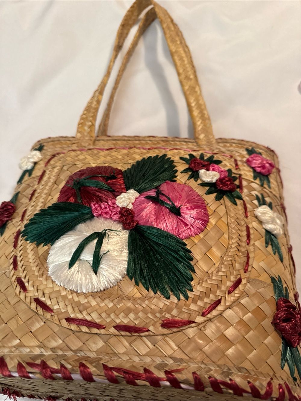 Straw Tote with Pink, Green & White Floral Embroidery - Picture 4 of 11